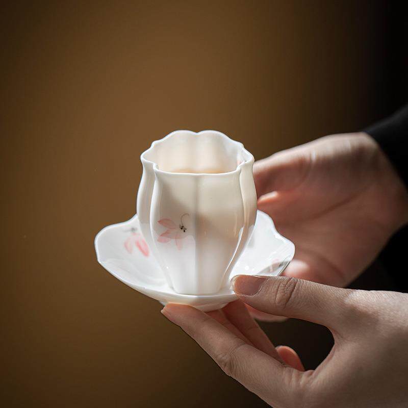 弥言玉瓷纯手绘主人杯手工陶瓷花口茶杯创意品茗杯杯垫薄胎喝茶杯