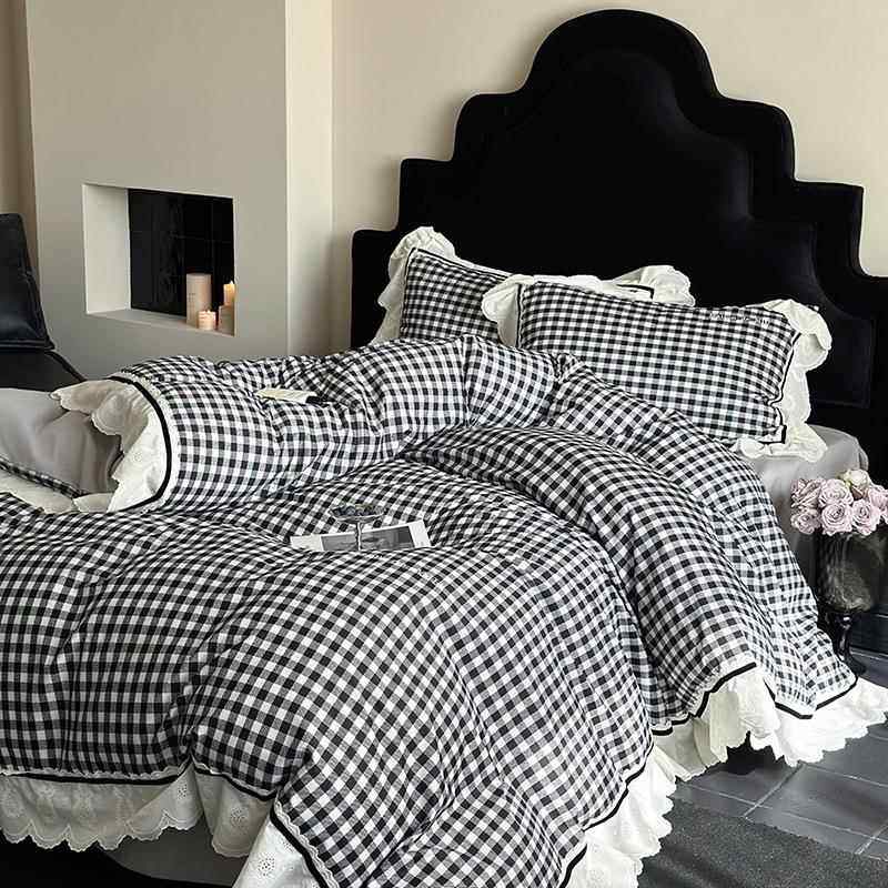 法式100S纯棉四件套简约黑白格子加厚长绒棉精致蕾丝花边被套床单