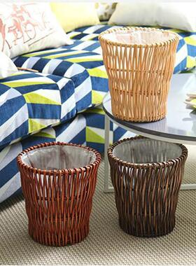 Retro Rattan Trash Can Living Room Paper Bas Kitchen Garbage