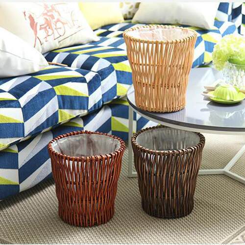 Retro Rattan Trash Can Living Room Paper Bas Kitchen Garbage
