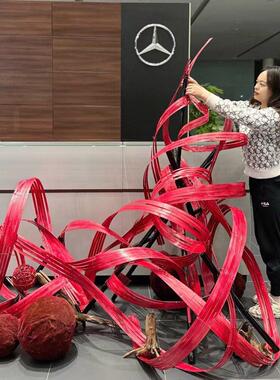 定制婚庆彩红色竹排竹制品长竹编竹片竹篾条花艺装饰材料创意造型