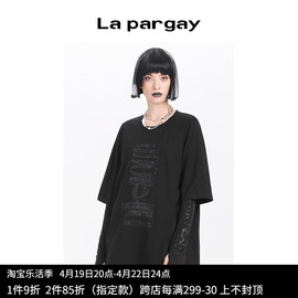 Lapargay纳帕佳2024女装黑色上衣个性时尚修身圆领中长款T恤