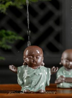 哥窑花宠花盆桌面禅意迷你小摆件陶瓷小和尚微景观盆景造景装饰品