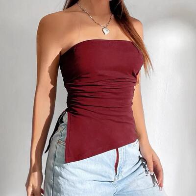 Women's Solid Split Hem Tube Top Casual Strapless Top