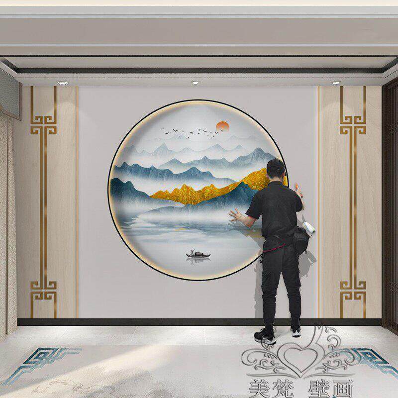 新款立体影视墙贴纸自粘新中式水墨山水画 画电视背景墙壁纸客厅