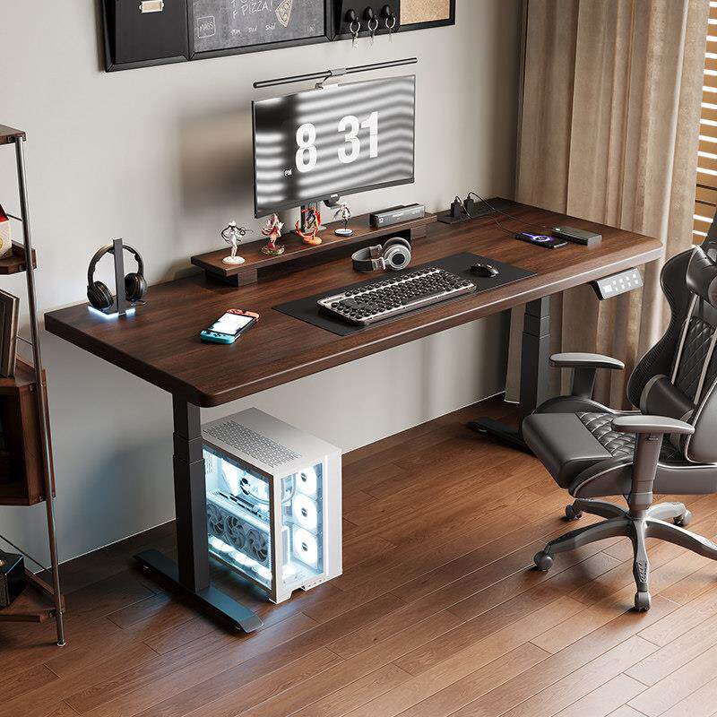 实木升降电脑桌家用台式智能可调节桌子双人位办公桌工作台电竞桌
