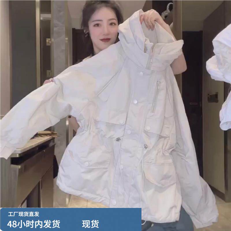 夹棉冲锋衣女春秋冬欧货薄棉工装夹克连帽风衣中长款收腰二棉外套