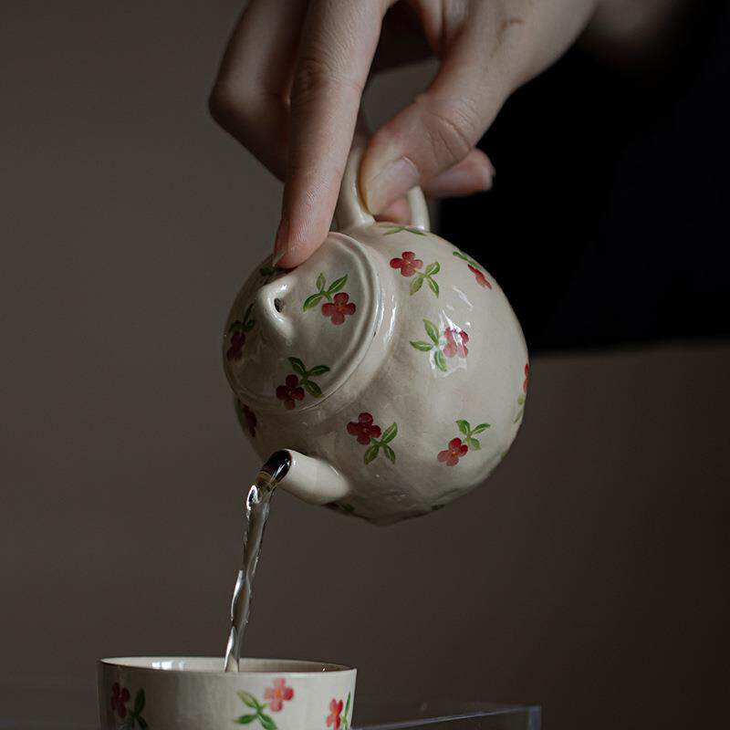 弥言粉引粗陶釉下彩手绘茶壶家用日式小茶壶单壶带过滤手工泡茶壶