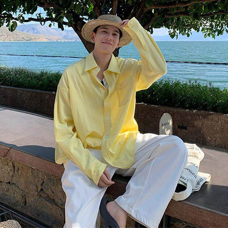 轻奢韩系长袖衬衫男春夏季多巴胺度假百搭高级感宽松防晒衬衣外套