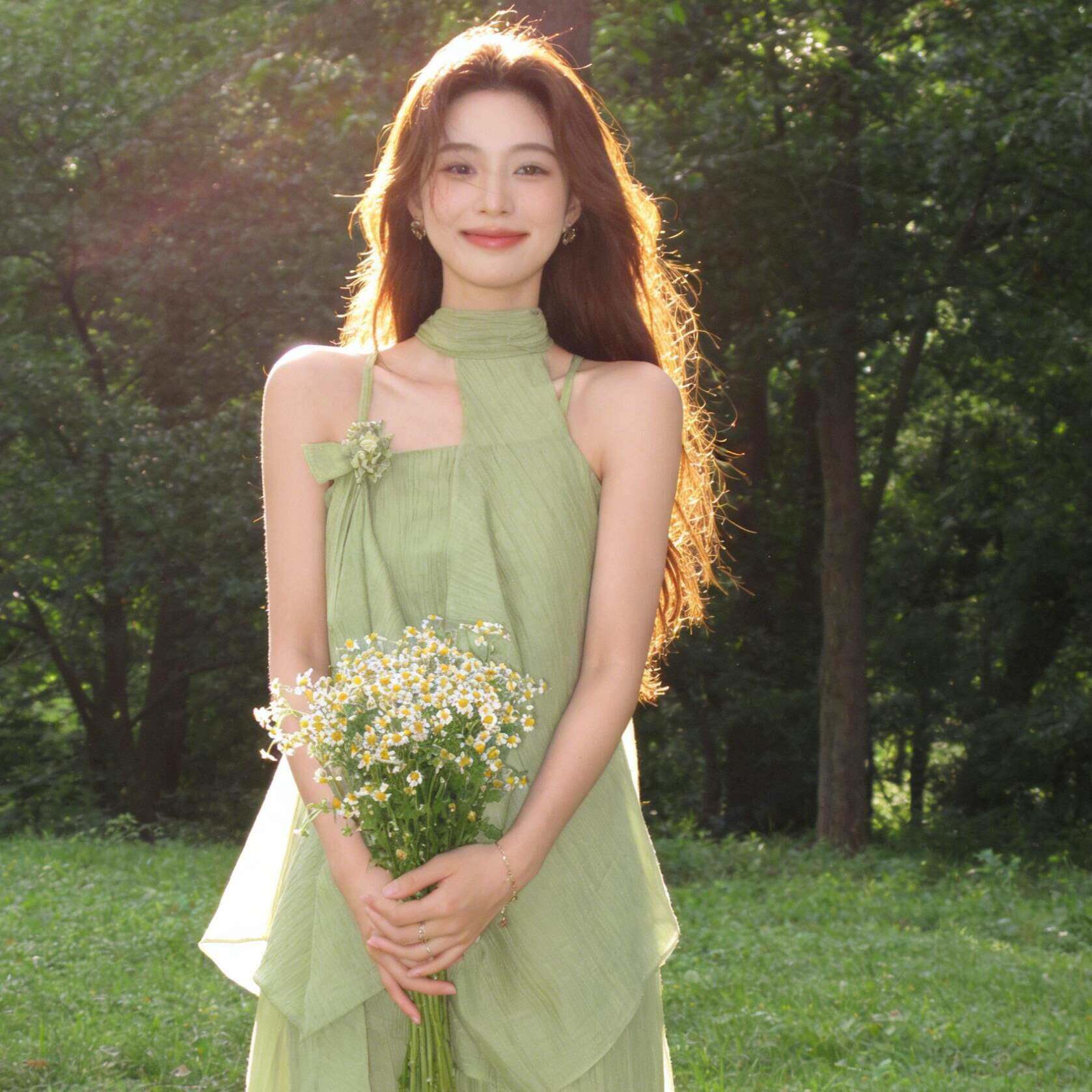 绿色挂颈洋装子薄荷曼波云南度假绝美新中式禅意套装海边丁达尔