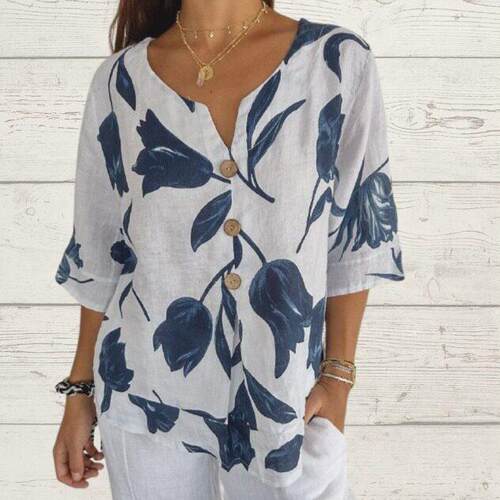 Printed cotton and linen collar short sleeved pullover