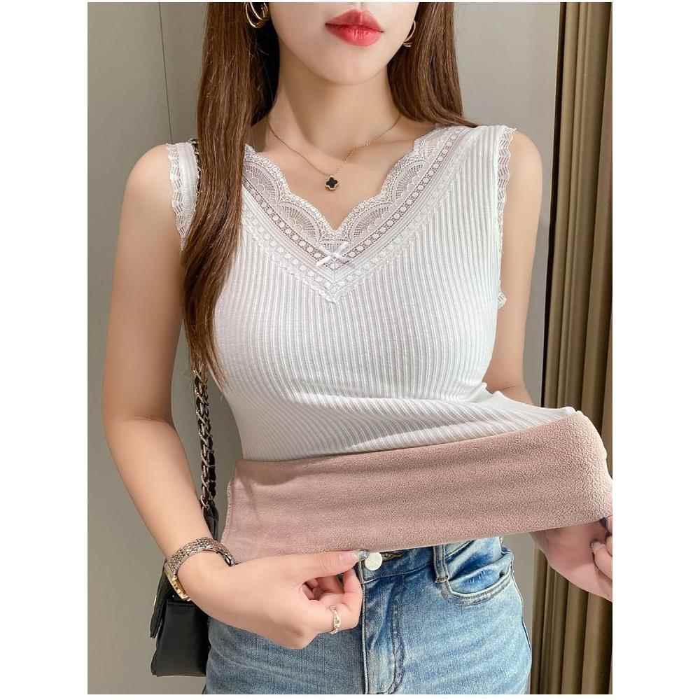 羊羔绒保暖背心女秋冬甜美蕾丝V领加绒加厚弹力内搭上衣打1030e