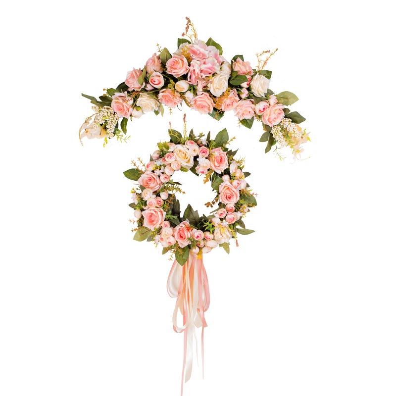 玫瑰仿真花圆形花环假花挂壁心形挂饰婚庆家居装饰婚房门饰墙饰仿