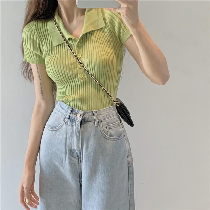 polo领短白色短袖t恤女季法式夏别致小众设计感款紧身上衣针织衫