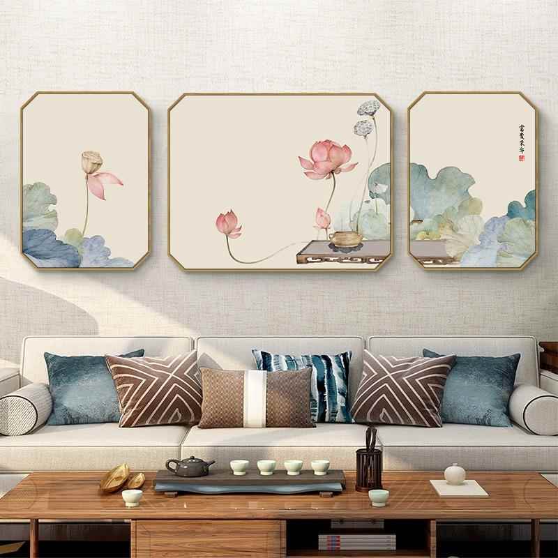荷花新中式客厅装饰画 画八边形三联画 画沙发背景墙壁画 画中国