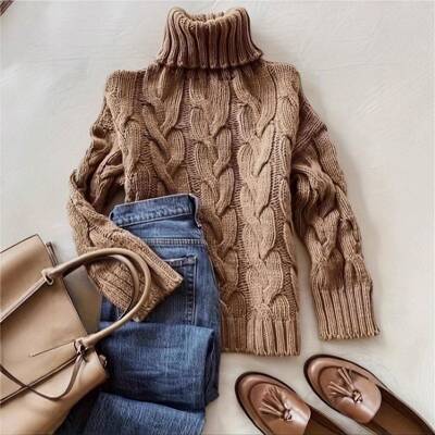 Autumn Winter Twisted Rope Sisal Pattern Knitted Sweater