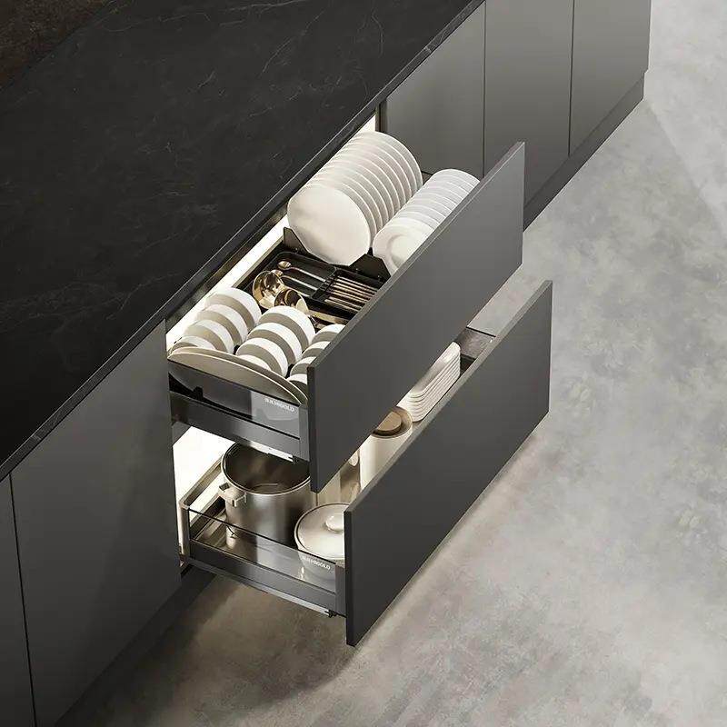 悍高希勒3.0mini拉篮太空铝玻璃抽屉厨房调味篮缓冲三边碗碟篮