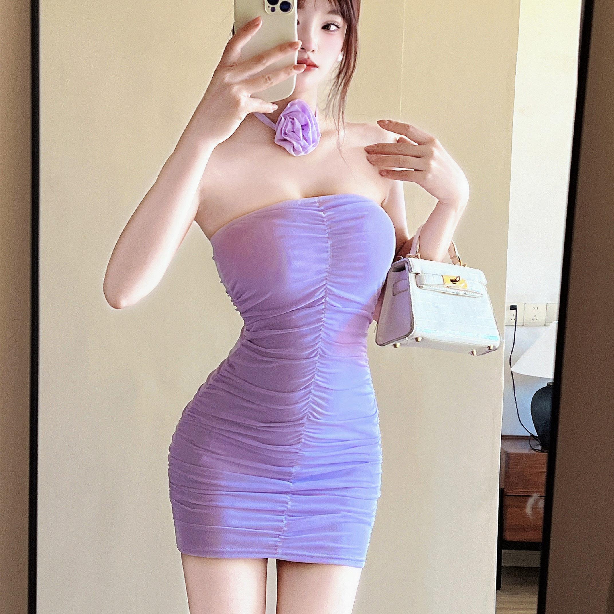 褶皱抹胸裹胸短款连衣裙性感包臀裙紧身短裙秋季女装裙子辣妹修身