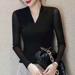 长袖 高级好看舞蹈高端网纱打1219e V领黑色蕾丝上衣t恤女秋冬新款