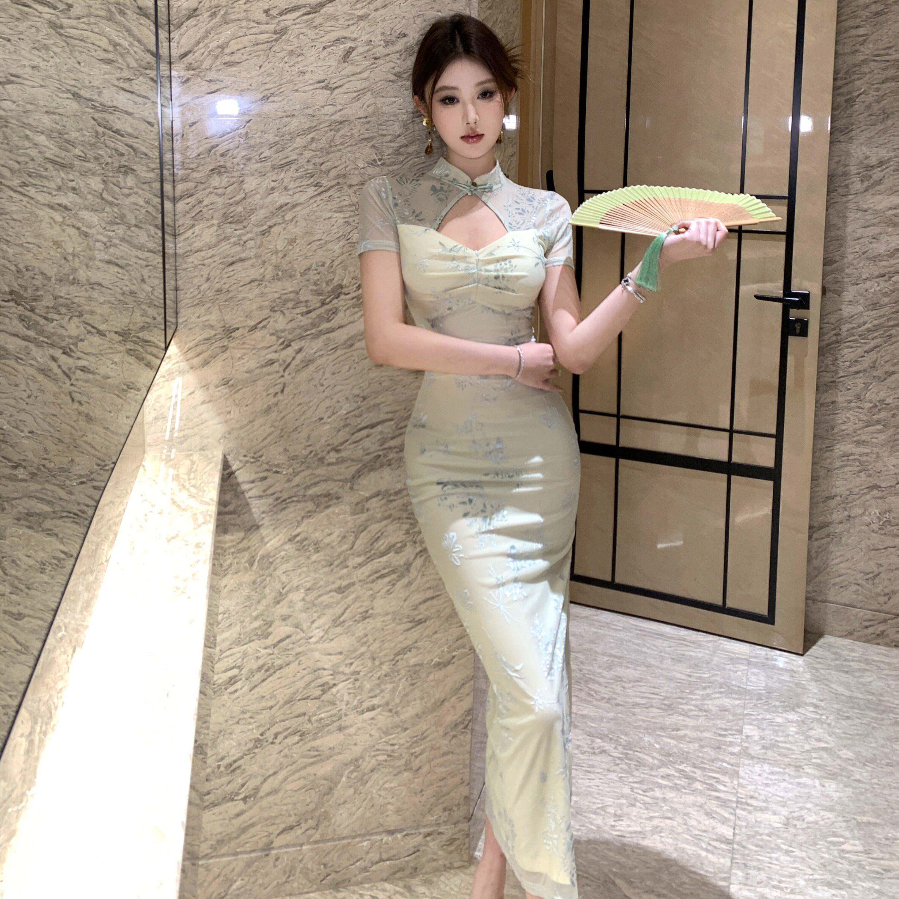 夏季新中式国风短袖旗袍连衣裙女技师工作服纯欲性感修身网纱长裙