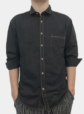 正品纯棉牛仔衬衫男女定LGO绣花印字厂电制力工作服蓝色O服咖啡店