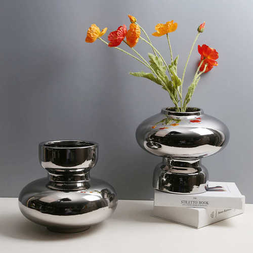 现代简约电镀银色花器轻奢陶瓷花瓶餐桌茶几插花样板间客厅摆件