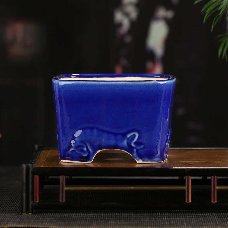 批发宜兴紫砂花盆牛气冲天精品彩釉手工浮雕室内园艺小号代发YS11