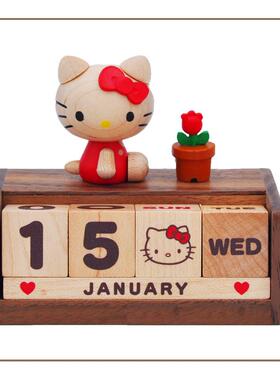 jeancard桌面日历摆件Kitty猫木质万年历小孩女生日搬家可爱礼物