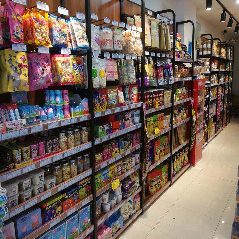 便利店超市货架复古风木纹超市食品展示架超市零食品货架带转角