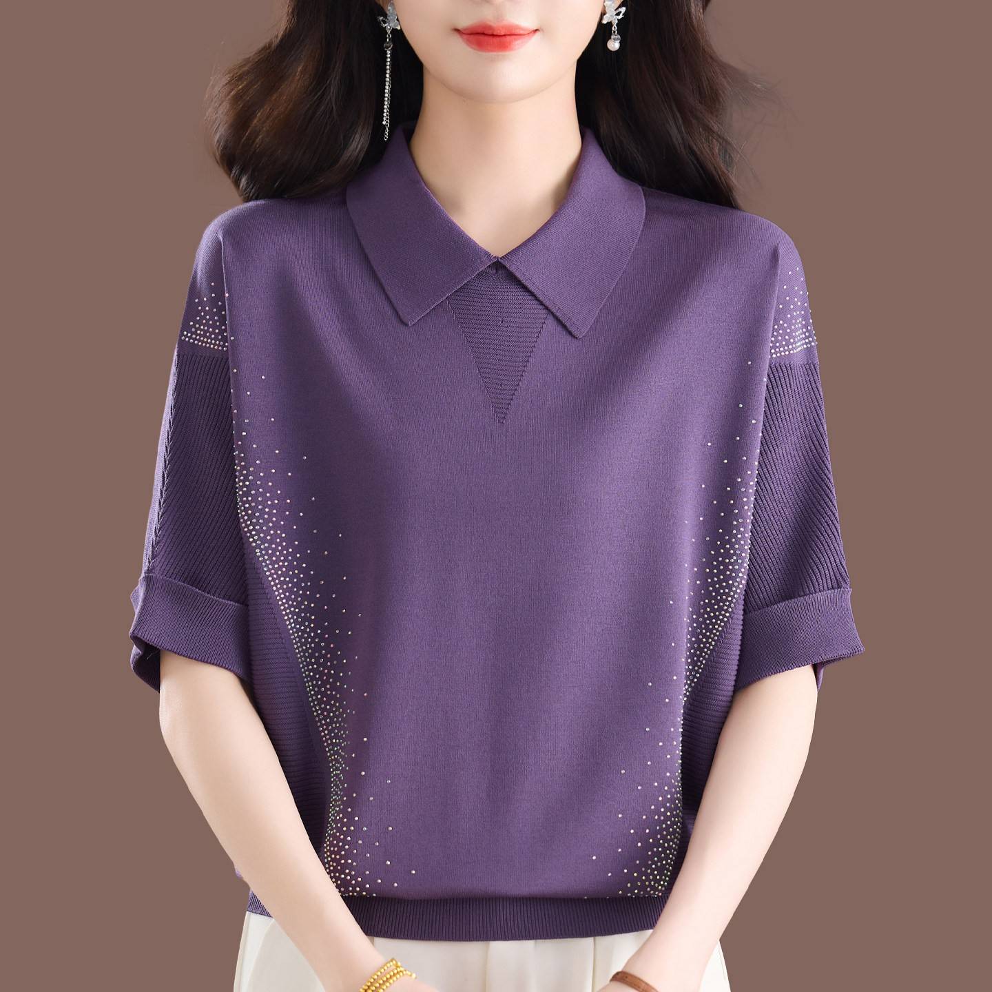 高档新款桑蚕丝T恤女上衣纯色宽松翻领针织冰丝蝙蝠袖大尺码遮肚