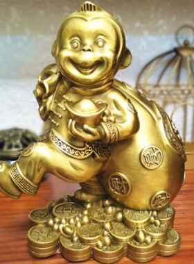 纯铜猴子摆件风水猴吉祥物 十二生肖猴摆设铜猴摆件背钱袋猴