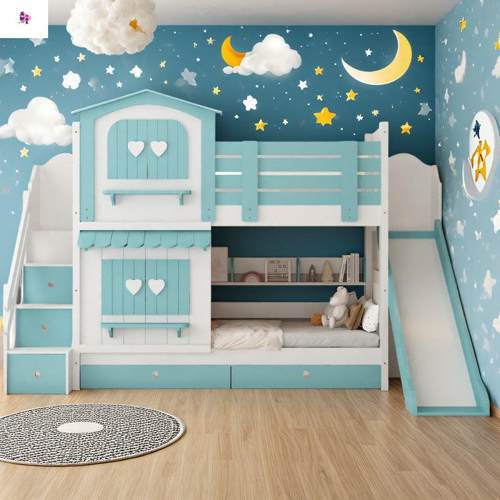 儿童床女孩层下床上两GHU公主风城堡床滑梯床多功能儿童床下二层