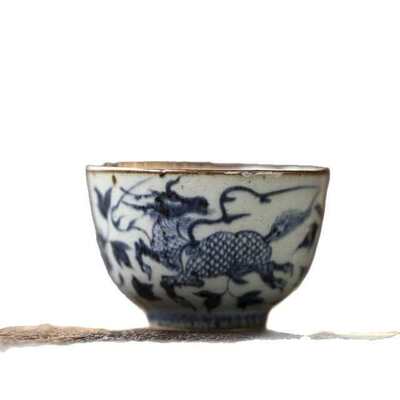 晴先生博物馆幽蓝神采仿古手作元青花麒麟手绘主人杯收口杯120ml
