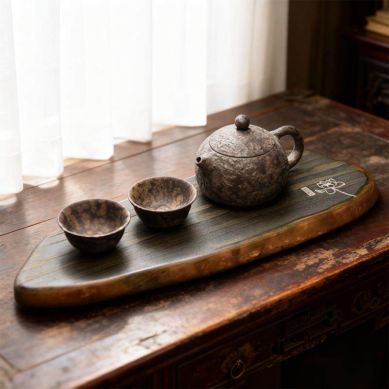 中国风家用歙砚茶盘壶承杯托茶台精品金晕砚石茶海原石砚胜端砚