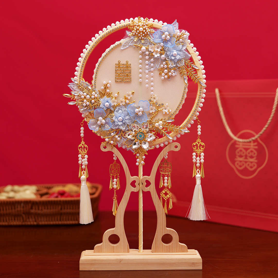 新娘喜扇diy手工新款长柄中式秀禾扇出嫁遮面超仙双面团扇礼品扇