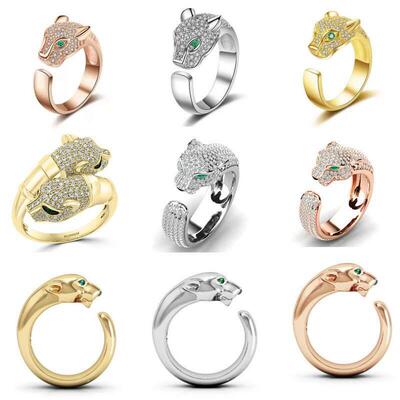 Leopard Panther Head Green Eye Opening Ring Micro-inlaid Cry