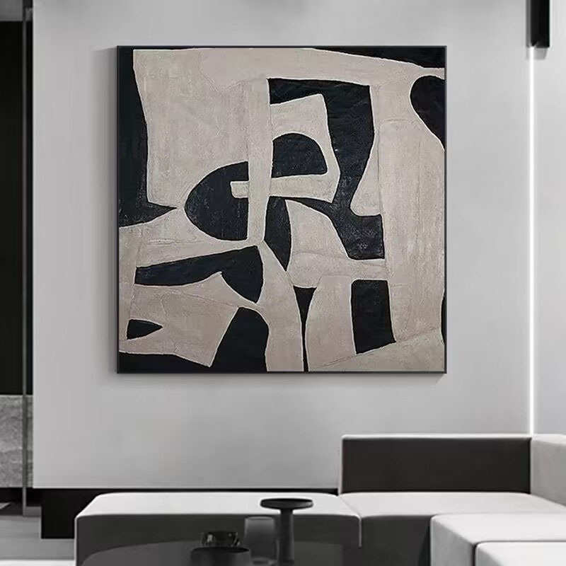 黑白手绘油画正方形客厅餐厅装饰画极简轻奢床头挂画侘寂风民宿画图片