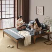 罗汉床新中式 实木推拉床胡桃色白蜡木小户型客厅折叠伸缩沙发床