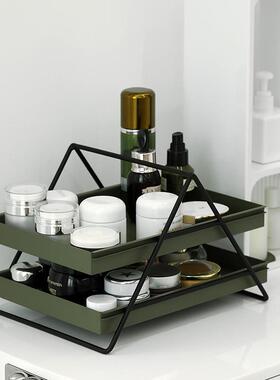 墨绿色双层文具架桌面多功能架抽屉推拉收纳盒铁艺提篮收纳架