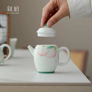 叙旧 白瓷手绘蜜桃陶瓷泡茶壶釉下彩功夫茶具防烫家用单壶带过滤