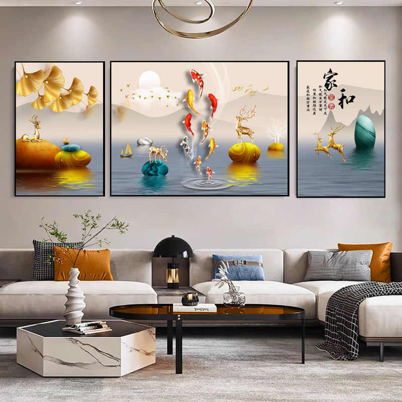 新款年画九鱼图客厅装饰画轻奢高档沙发墙面贴画酒店主卧床头壁画图片