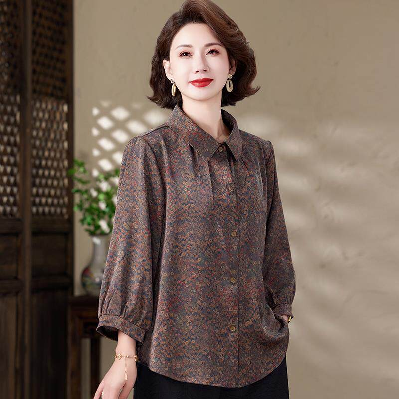 中老年衬衫女开衫夏装桑蚕丝100%套装遮肚子大码妈妈宽松真丝上衣