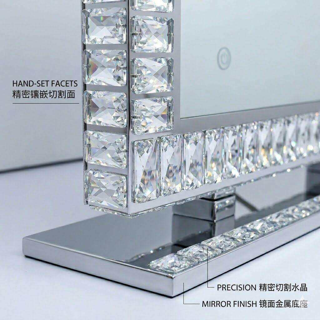 跨境水晶化妆镜智能触控led三色调光美妆大号桌面梳妆镜厂梳妆台