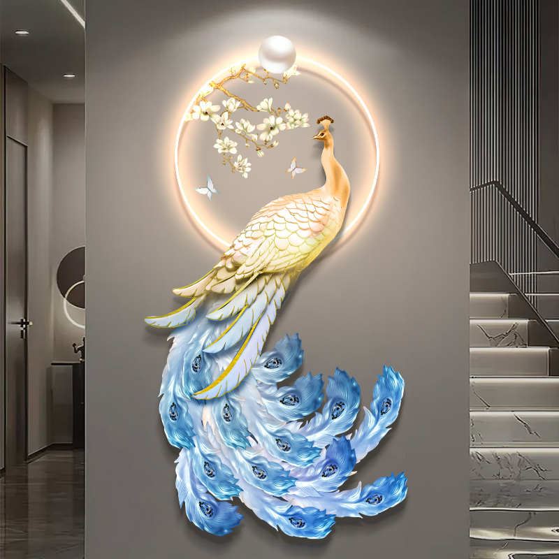新中式孔雀玄关装饰画轻奢入户带led 灯发光壁画客厅走廊过道挂画图片