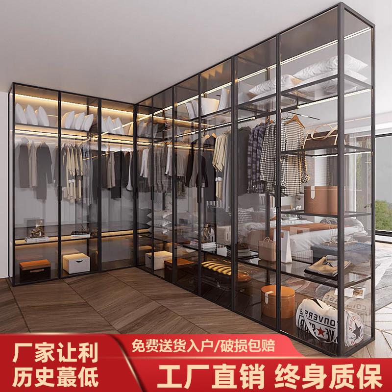 现代简约铝合金玻璃衣柜 轻奢转角平开门订制衣橱