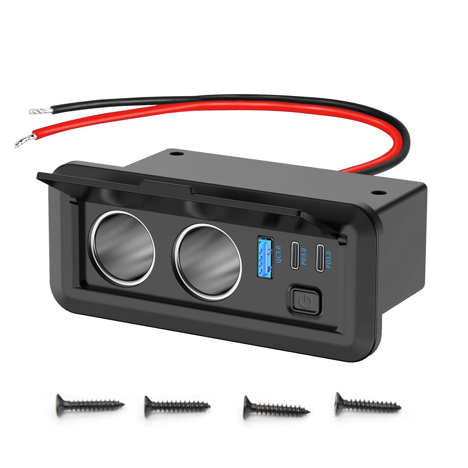 房车改装汽车车载双点烟器接口双PD+QC带按键车载充电器12-24V