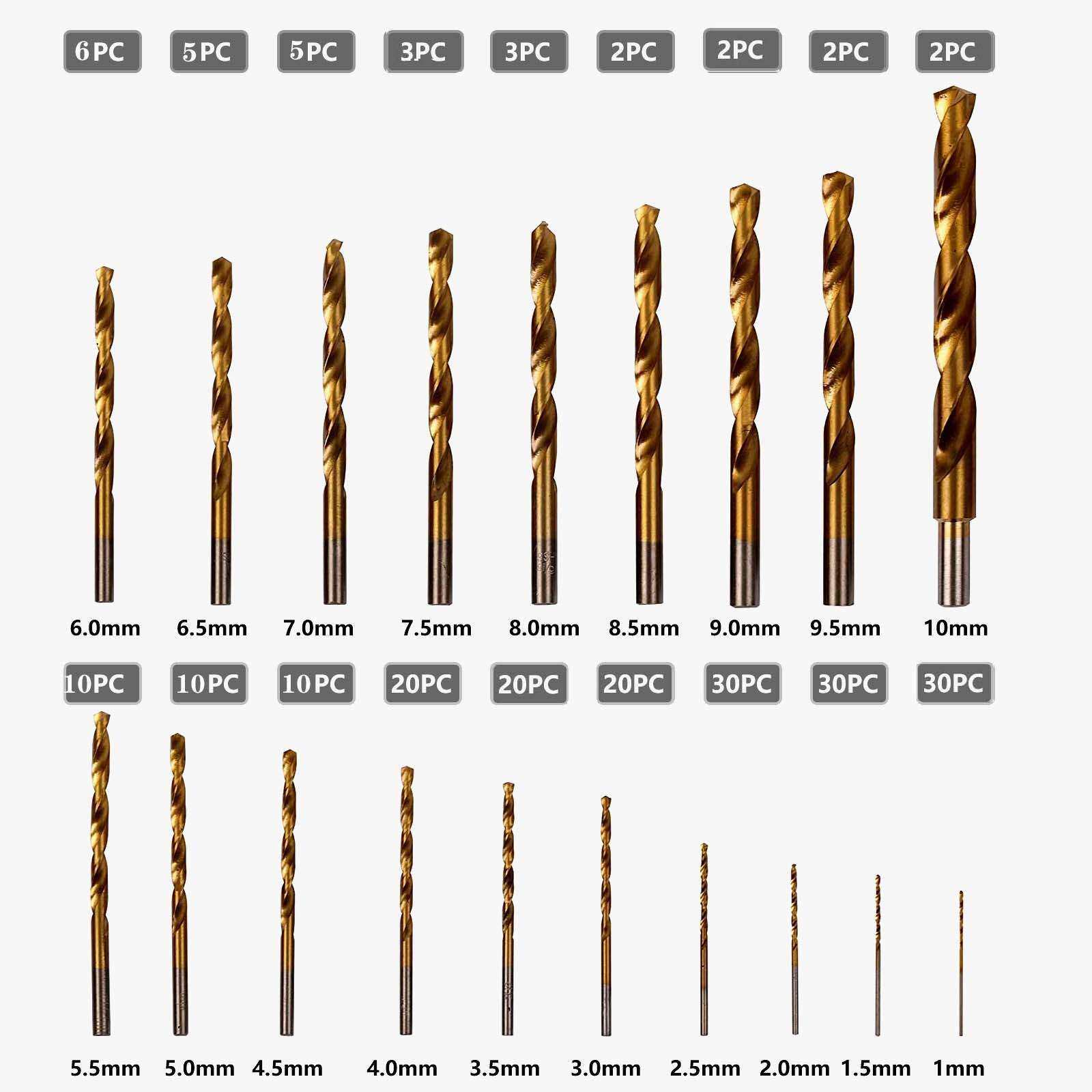 230件套麻花钻高速钢 1-10mm木工开孔器塑盒镀钛直柄麻花钻头套装