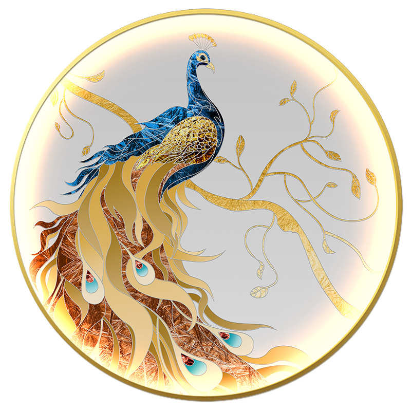 现代装饰画寓意孔雀玄关画LED灯圆形挂画客厅餐厅背景墙晶瓷画图片