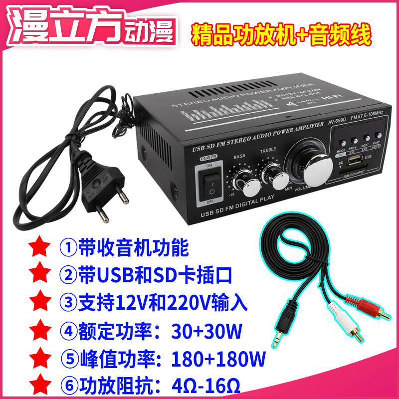 小型功放机 多功能插卡220伏12V 音箱功率放大器家用车载音响喇叭