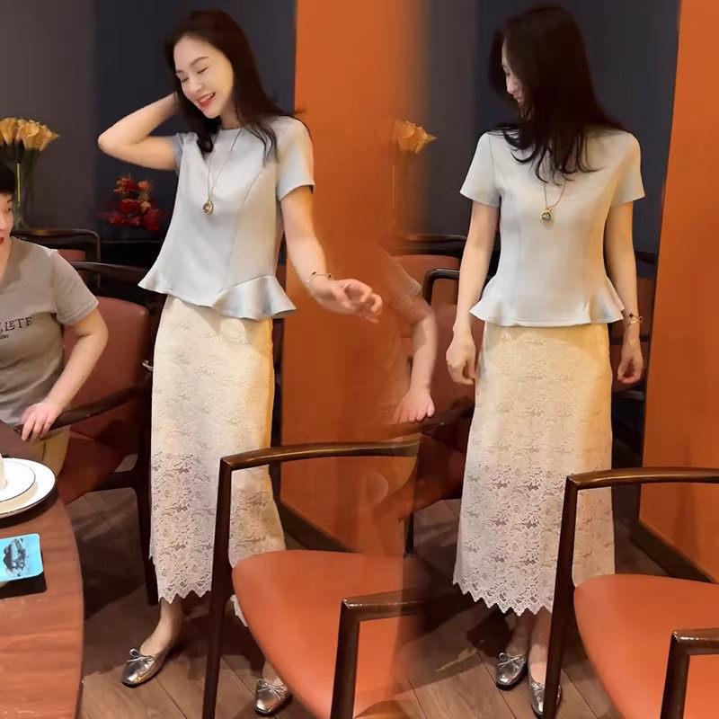香港代购时尚连衣裙套装女夏新款显瘦荷叶边短袖T恤半身裙两件套